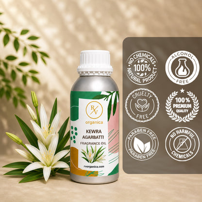 Kewra Agarbatti Fragrance Oil in a premium aluminium bottle with quality icons highlighting long-lasting aroma, premium quality, IFRA compliant, cruelty-free, and multipurpose fragrance applications.