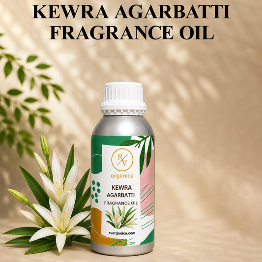 Kewra Agarbatti Fragrance Oil in a premium aluminium bottle with an elegant floral background, showcasing its fresh kewra-inspired incense aroma for agarbatti, candles, soaps, perfumes, and home fragrance products. - second image