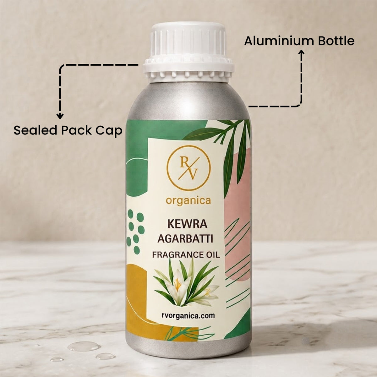 Sealed aluminium bottle of Kewra Agarbatti Fragrance Oil, ensuring purity, freshness, leak-proof packaging, and premium fragrance quality for bulk and personal use.