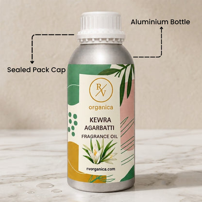 Sealed aluminium bottle of Kewra Agarbatti Fragrance Oil, ensuring purity, freshness, leak-proof packaging, and premium fragrance quality for bulk and personal use.