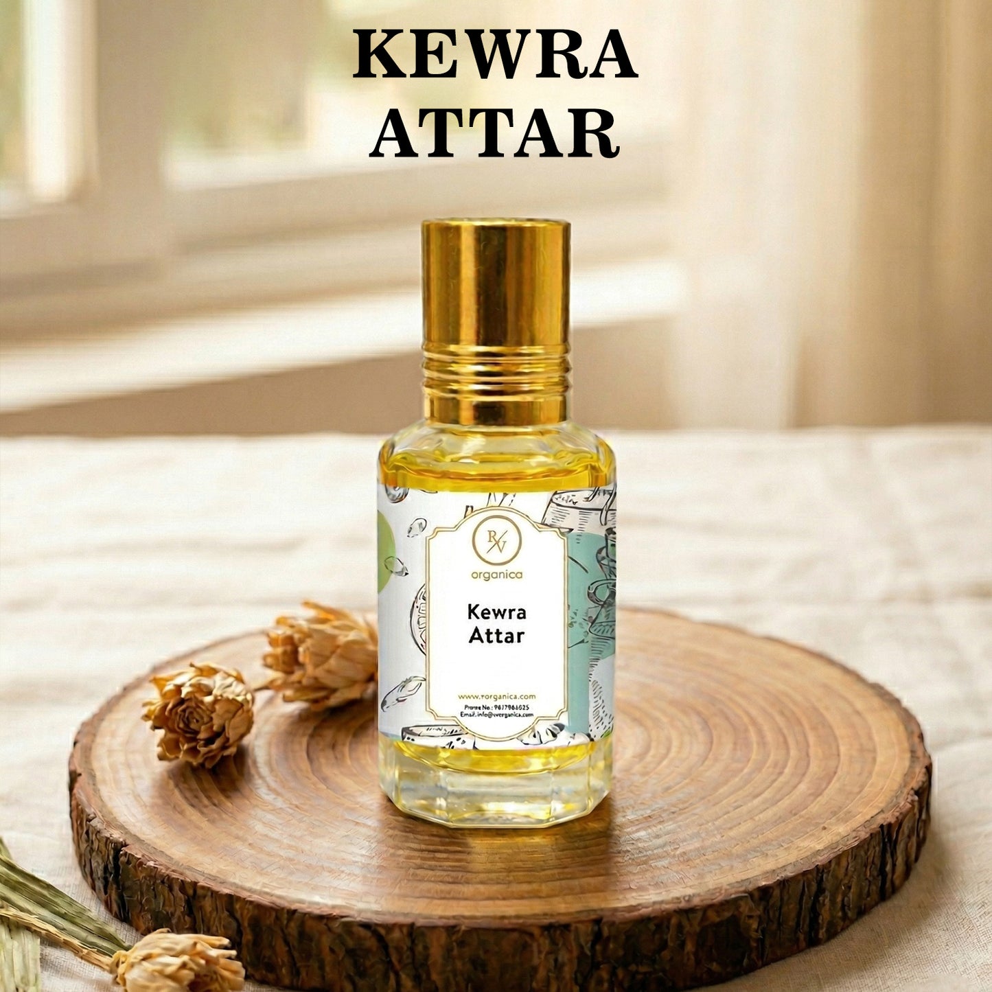 Kewra Attar perfume oil bottle with label fresh kewra floral aroma long lasting attar fragrance