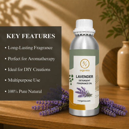 Key features of Lavender Detergent Fragrance Oil include a fresh floral laundry aroma, long-lasting fragrance, strong scent retention, IFRA compliant, premium quality, and multipurpose use for detergents, fabric conditioners, soaps, candles, and home fragrance products.