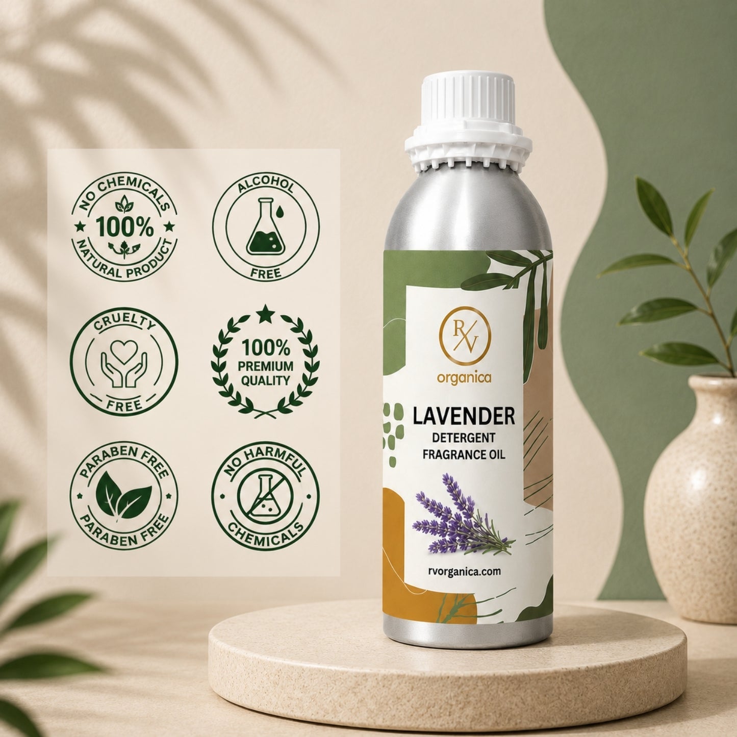 Lavender Detergent Fragrance Oil in a premium aluminium bottle with quality icons highlighting long-lasting fragrance, premium quality, IFRA compliant, cruelty-free, and multipurpose fragrance applications.