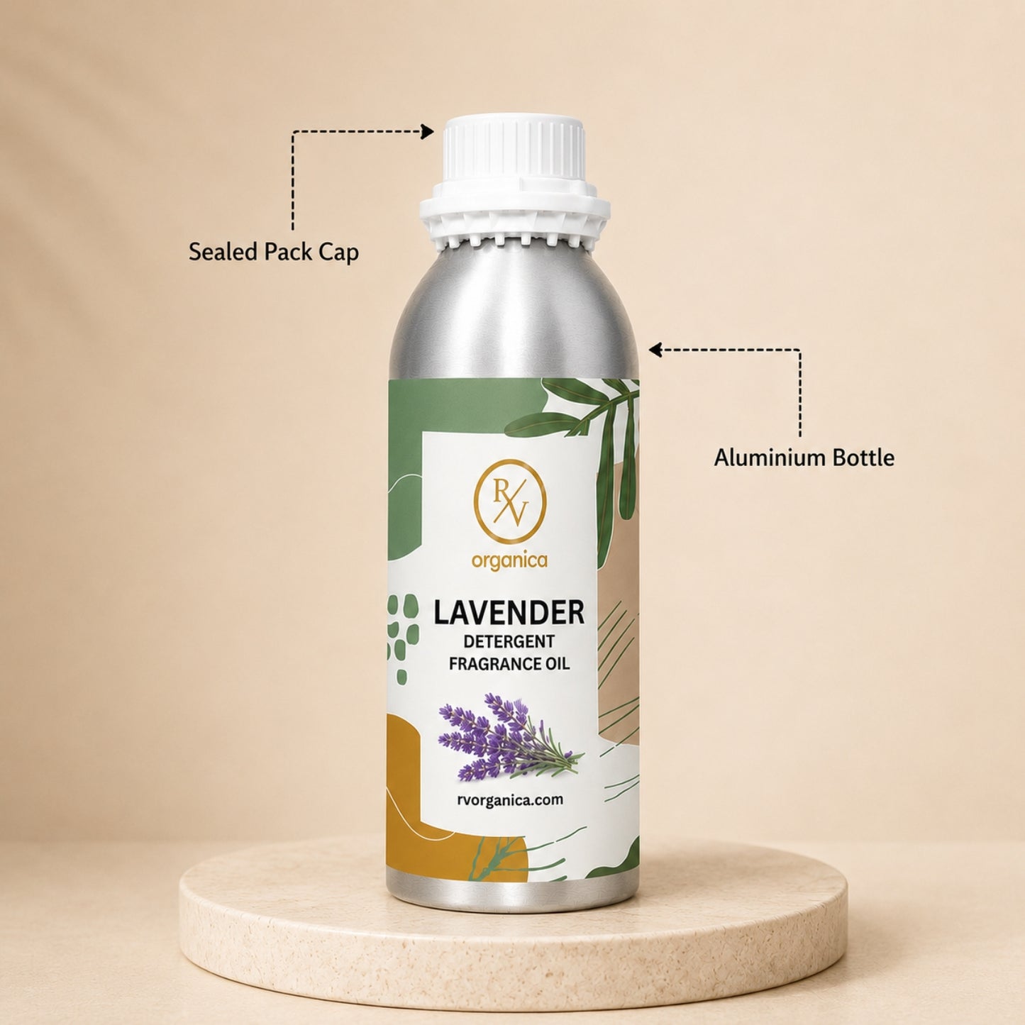 Sealed aluminium bottle of Lavender Detergent Fragrance Oil, ensuring purity, freshness, leak-proof packaging, and premium fragrance quality for bulk and personal use.