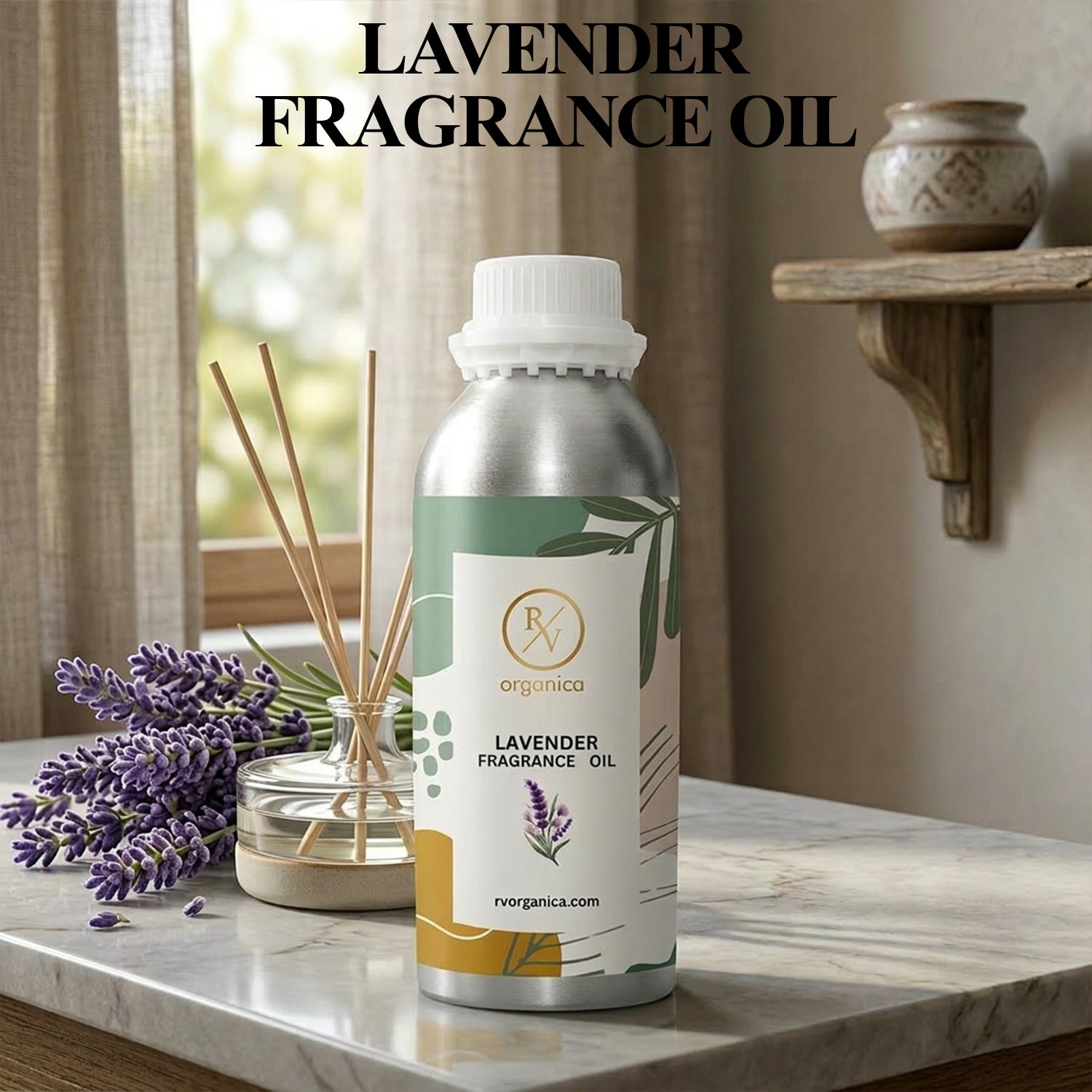 Aluminium bottle of lavender fragrance oil with clear front label showing product name and premium packaging