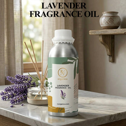 Aluminium bottle of lavender fragrance oil with clear front label showing product name and premium packaging