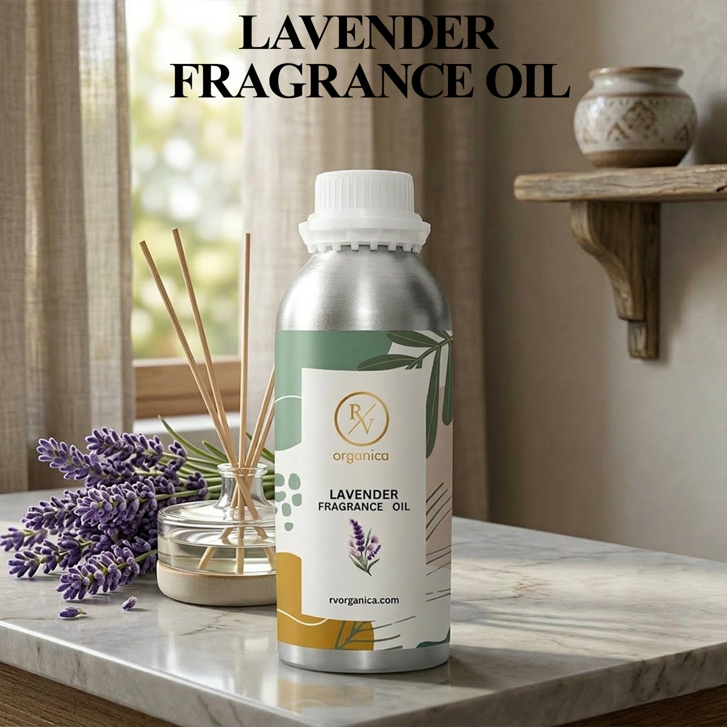 Aluminium bottle of lavender fragrance oil with clear front label showing product name and premium packaging