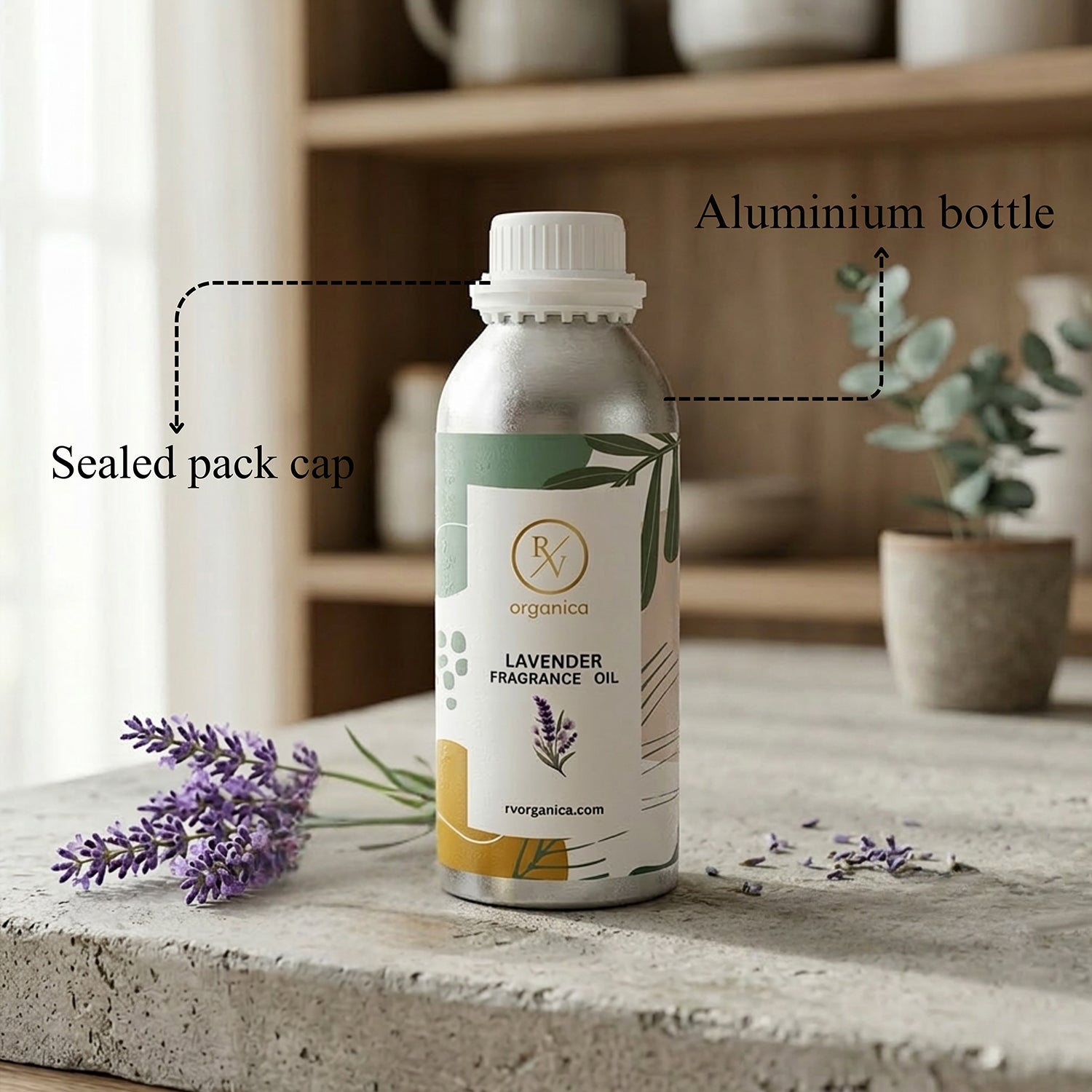 Sealed aluminium bottle of lavender fragrance oil showing secure leak-proof packaging and premium quality container