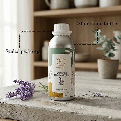 Sealed aluminium bottle of lavender fragrance oil showing secure leak-proof packaging and premium quality container