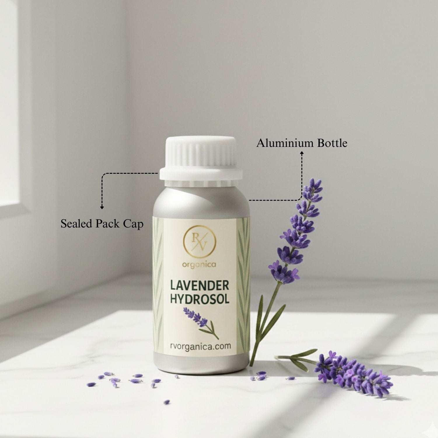 Lavender Hydrosol in aluminium bottle with sealed cap by RV Organica, steam distilled natural floral water for face toner and hair mist use