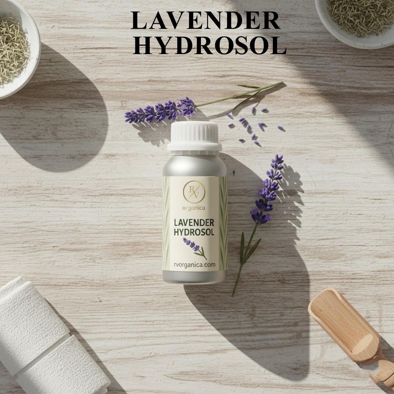 RV Organica Lavender Hydrosol natural floral water bottle with dried lavender flowers for refreshing skincare and facial mist routine