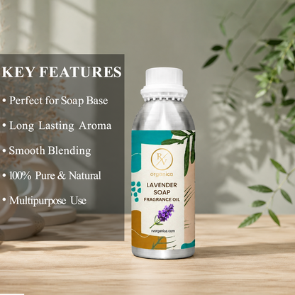 Key features of Lavender Soap Fragrance Oil include fresh floral lavender aroma, long-lasting fragrance, ideal for soaps and personal care products, strong scent retention, premium quality, IFRA compliant, and multipurpose use.