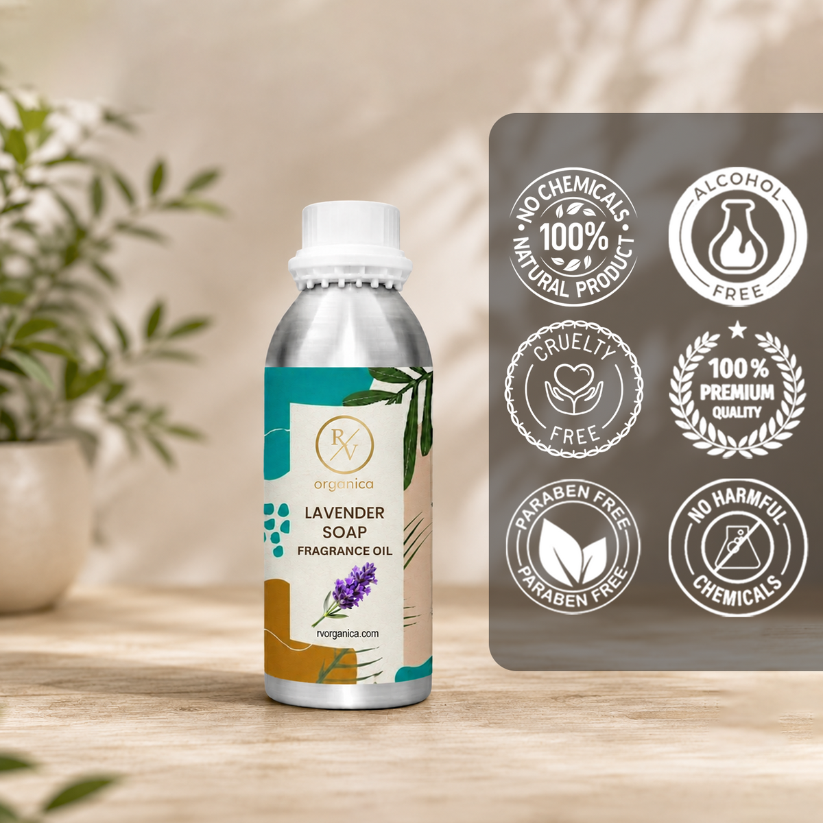 Lavender Soap Fragrance Oil in a premium aluminium bottle with quality icons highlighting long-lasting fragrance, premium quality, IFRA compliant, cruelty-free, Made in India, and multipurpose use.