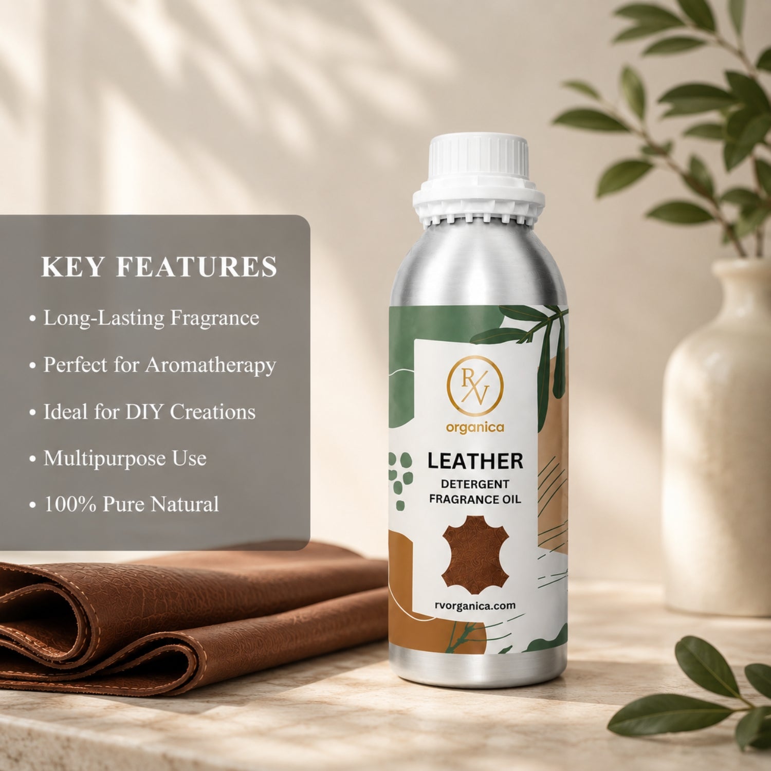 Key features of Leather Detergent Fragrance Oil include a rich leather-inspired aroma, long-lasting fragrance, strong scent retention, IFRA compliant, premium quality, and multipurpose use for detergents, fabric conditioners, soaps, candles, and home fragrance products.