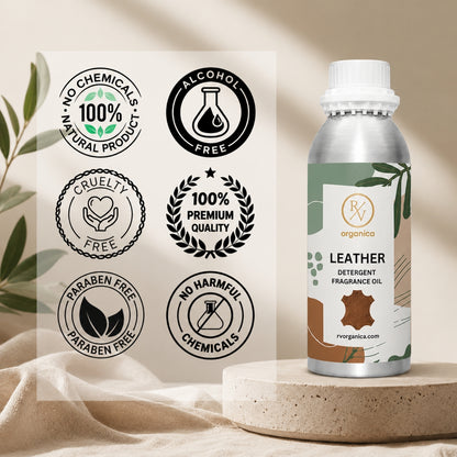 Leather Detergent Fragrance Oil in a premium aluminium bottle with quality icons highlighting long-lasting fragrance, premium quality, IFRA compliant, cruelty-free, and multipurpose fragrance applications.