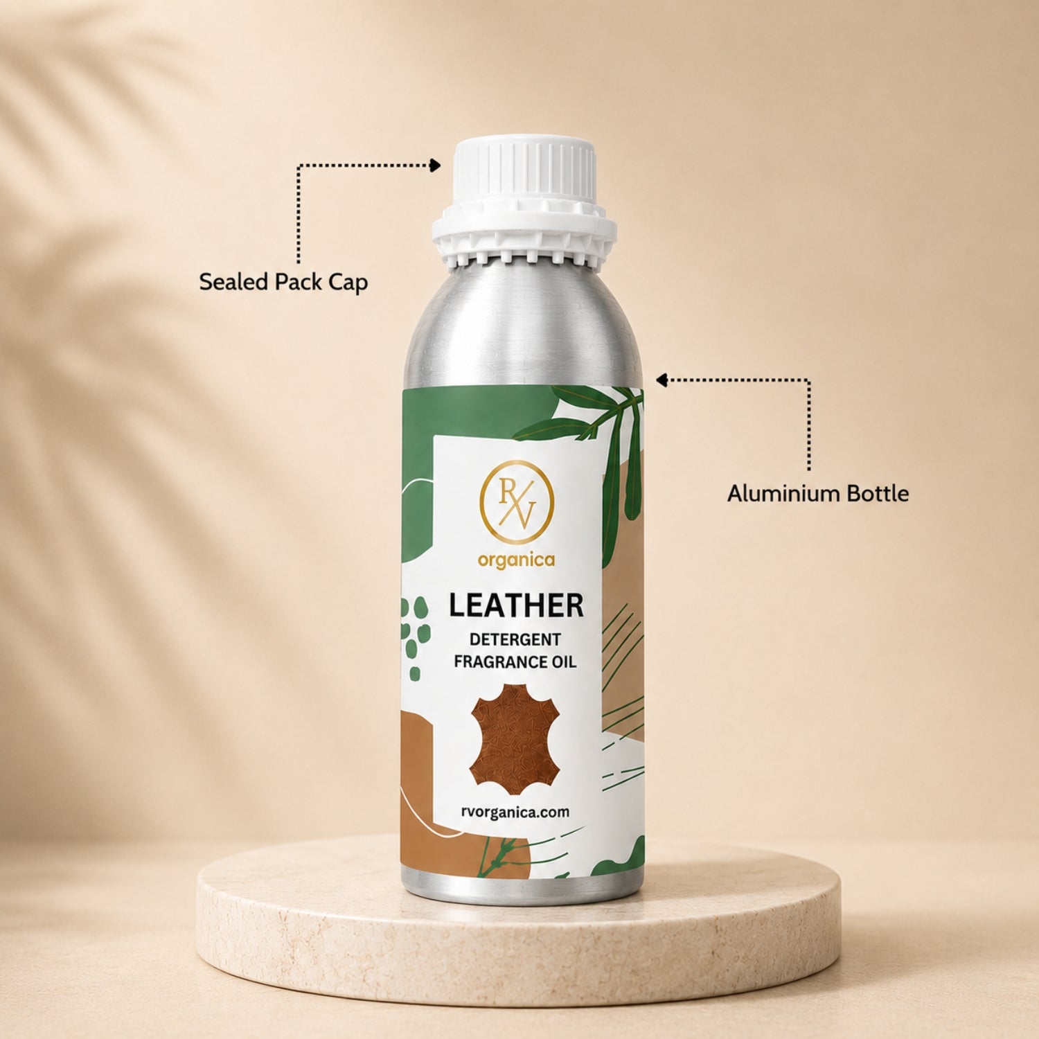 Sealed aluminium bottle of Leather Detergent Fragrance Oil, ensuring purity, freshness, leak-proof packaging, and premium fragrance quality for bulk and personal use.