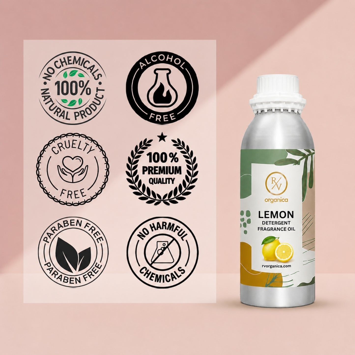 Lemon Detergent Fragrance Oil in a premium aluminium bottle with quality icons highlighting long-lasting fragrance, premium quality, IFRA compliant, cruelty-free, and multipurpose fragrance applications.