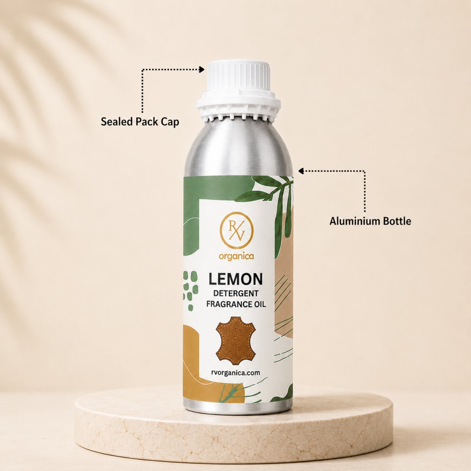Sealed aluminium bottle of Lemon Detergent Fragrance Oil, ensuring purity, freshness, leak-proof packaging, and premium fragrance quality for bulk and personal use.