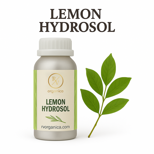 A bottle labeled 'Lemon Hydrosol' from RV Organica, with a small leafy branch next to it.