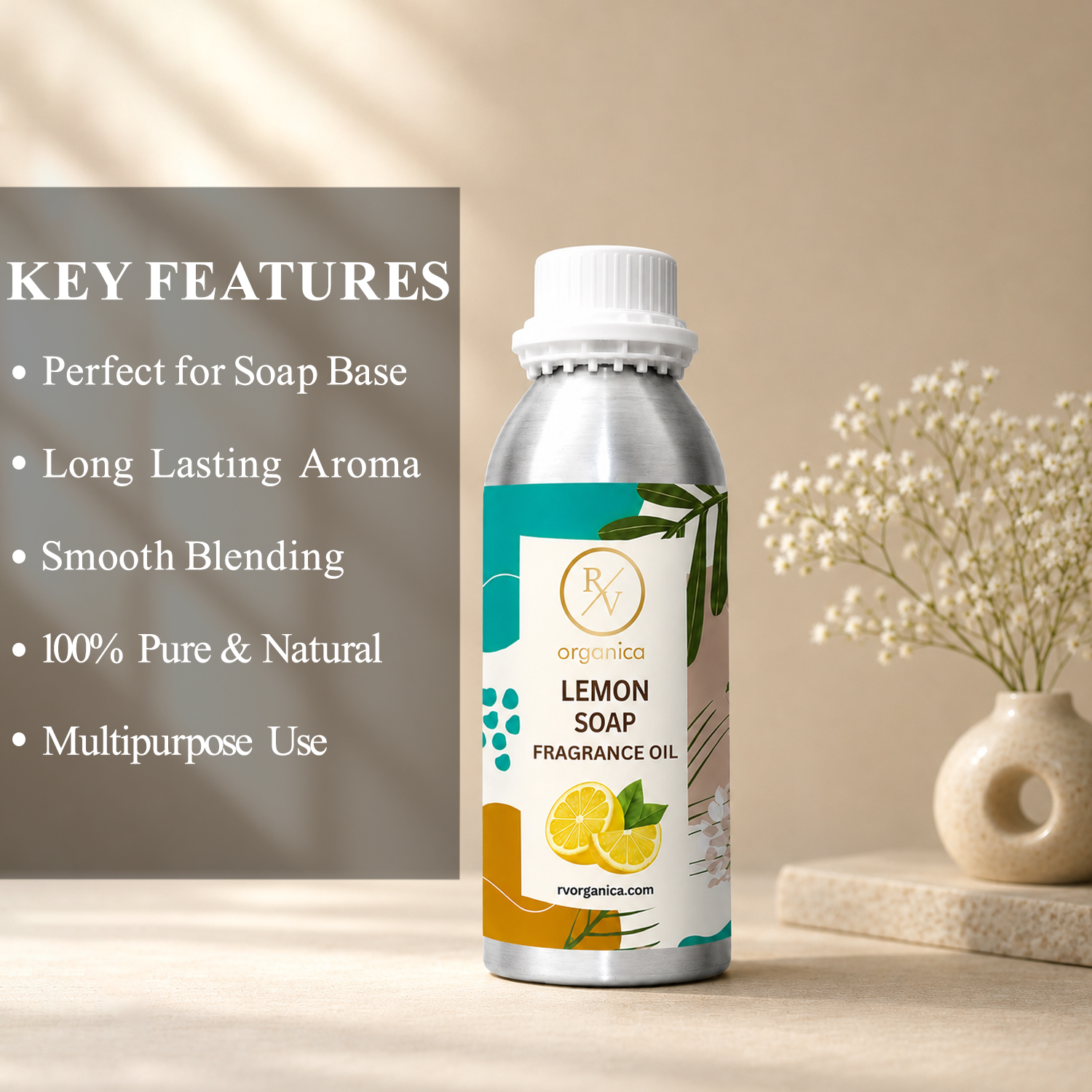 Key features of Lemon Soap Fragrance Oil include fresh citrus lemon aroma, uplifting fragrance, long-lasting scent, ideal for soaps and personal care products, premium quality, IFRA compliant, and multipurpose use.