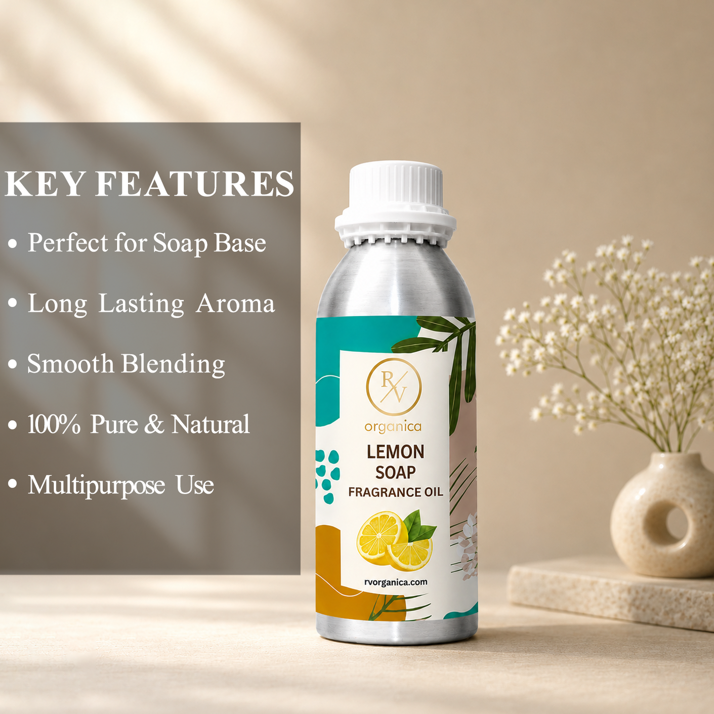 Key features of Lemon Soap Fragrance Oil include fresh citrus lemon aroma, uplifting fragrance, long-lasting scent, ideal for soaps and personal care products, premium quality, IFRA compliant, and multipurpose use.