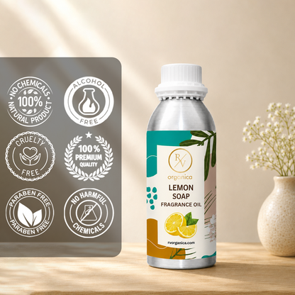 Lemon Soap Fragrance Oil in a premium aluminium bottle with quality icons highlighting long-lasting fragrance, premium quality, IFRA compliant, cruelty-free, Made in India, and multipurpose use.
