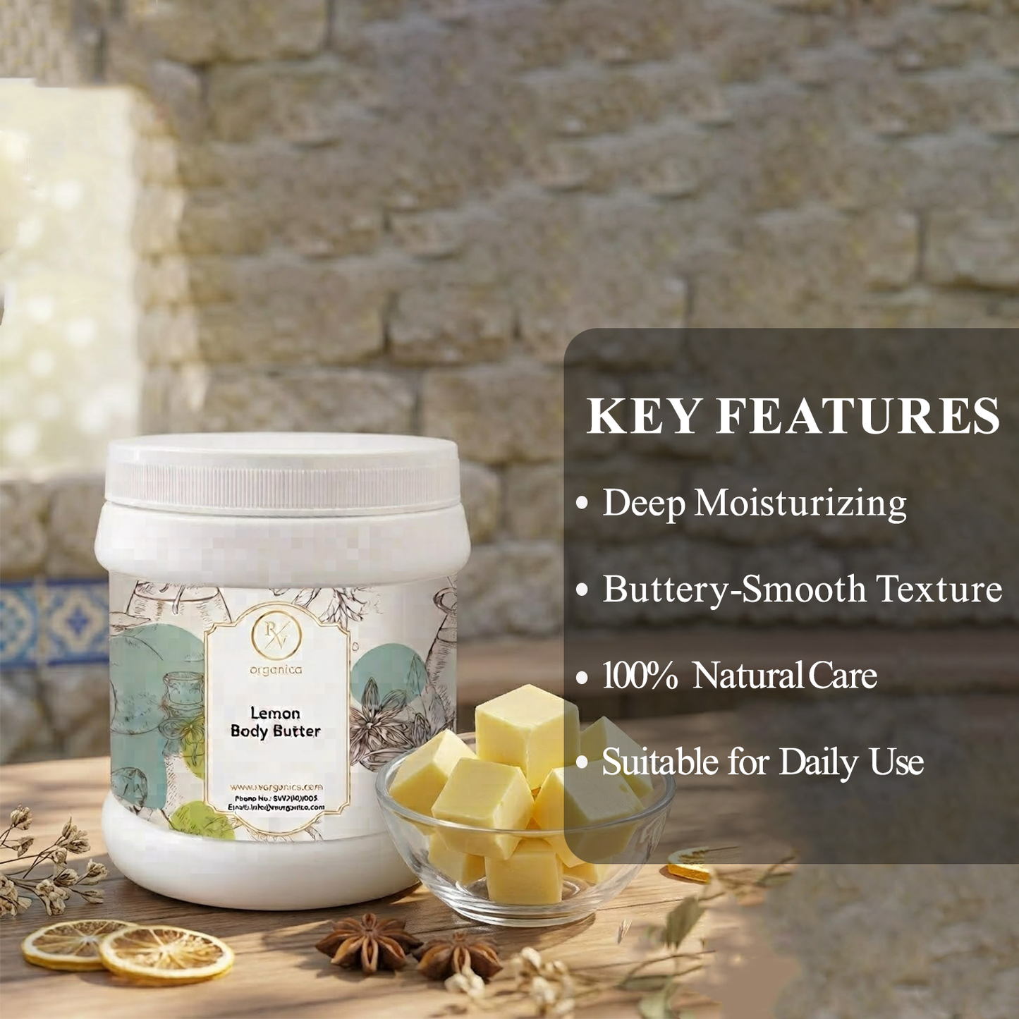 RV Organica Lemon Body Butter natural moisturizer with premium ingredients for soft and nourished skin