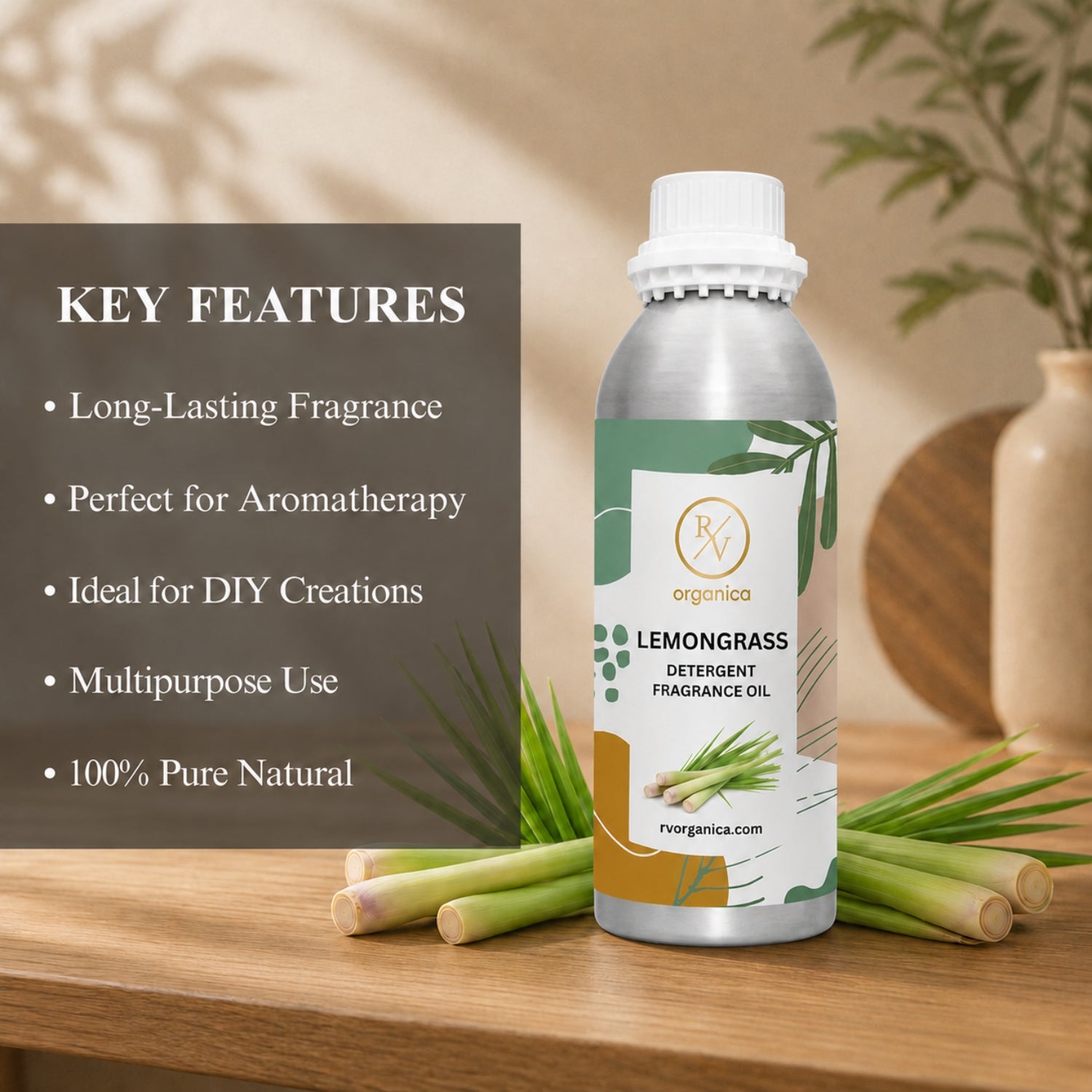 Key features of Lemongrass Detergent Fragrance Oil include a fresh citrus herbal laundry aroma, long-lasting fragrance, strong scent retention, IFRA compliant, premium quality, and multipurpose use for detergents, fabric conditioners, soaps, candles, and home fragrance products.