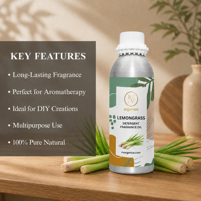 Key features of Lemongrass Detergent Fragrance Oil include a fresh citrus herbal laundry aroma, long-lasting fragrance, strong scent retention, IFRA compliant, premium quality, and multipurpose use for detergents, fabric conditioners, soaps, candles, and home fragrance products.