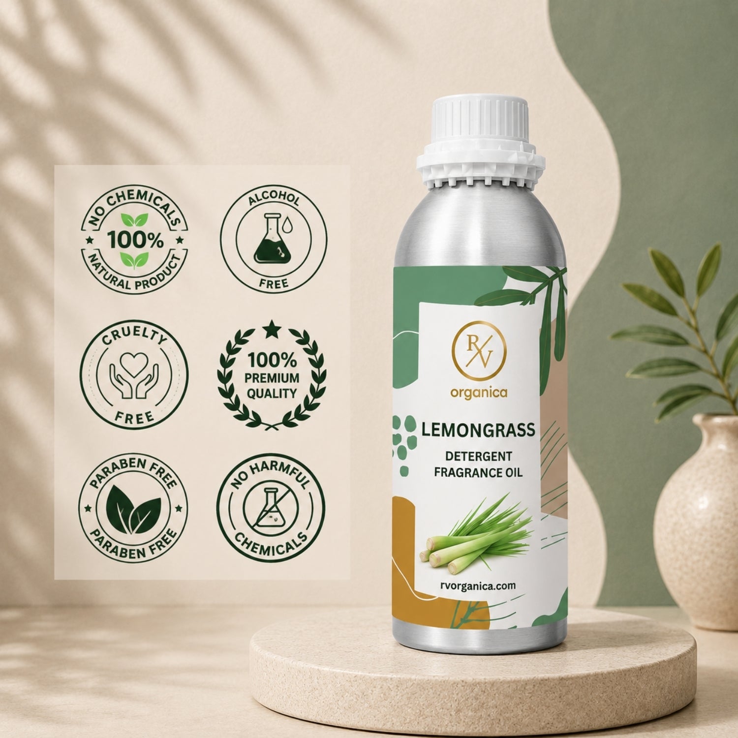 Lemongrass Detergent Fragrance Oil in a premium aluminium bottle with quality icons highlighting long-lasting fragrance, premium quality, IFRA compliant, cruelty-free, and multipurpose fragrance applications.