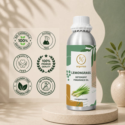 Lemongrass Detergent Fragrance Oil in a premium aluminium bottle with quality icons highlighting long-lasting fragrance, premium quality, IFRA compliant, cruelty-free, and multipurpose fragrance applications.