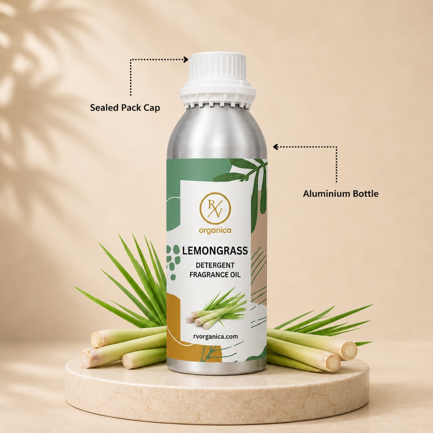 Sealed aluminium bottle of Lemongrass Detergent Fragrance Oil, ensuring purity, freshness, leak-proof packaging, and premium fragrance quality for bulk and personal use.