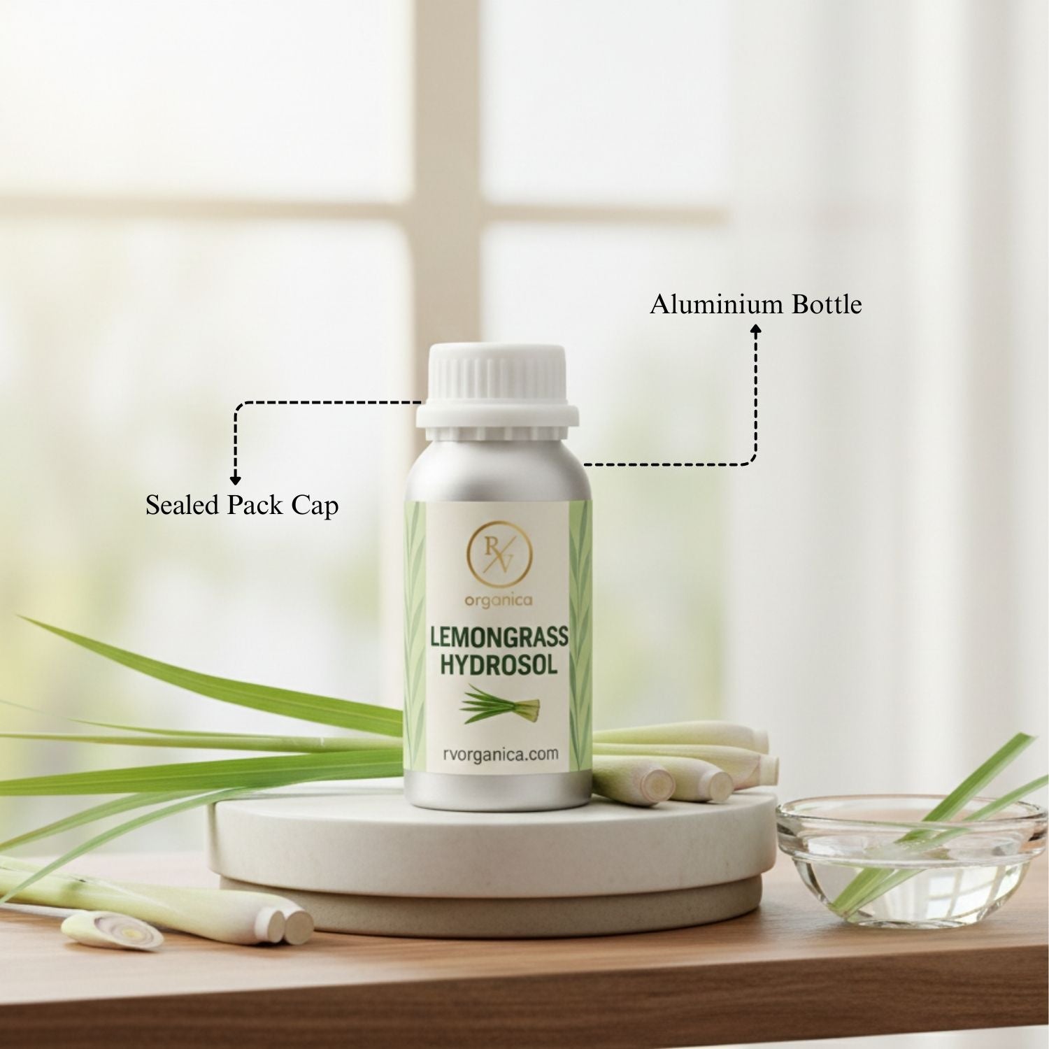 Lemongrass Hydrosol in aluminium bottle with sealed cap by RV Organica, steam distilled natural floral water for face toner and scalp mist use