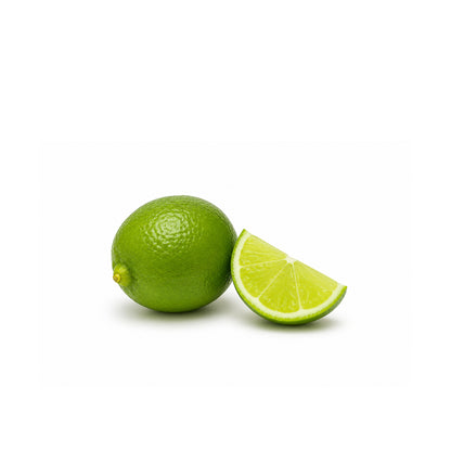 Fresh green lime slices and essential oil with natural citrus aroma for wellness and aromatherapy product display