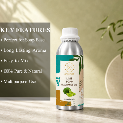 Key features of Lime Soap Fragrance Oil include fresh citrus lime aroma, uplifting fragrance, long-lasting scent, ideal for soaps and personal care products, premium quality, IFRA compliant, and multipurpose use.