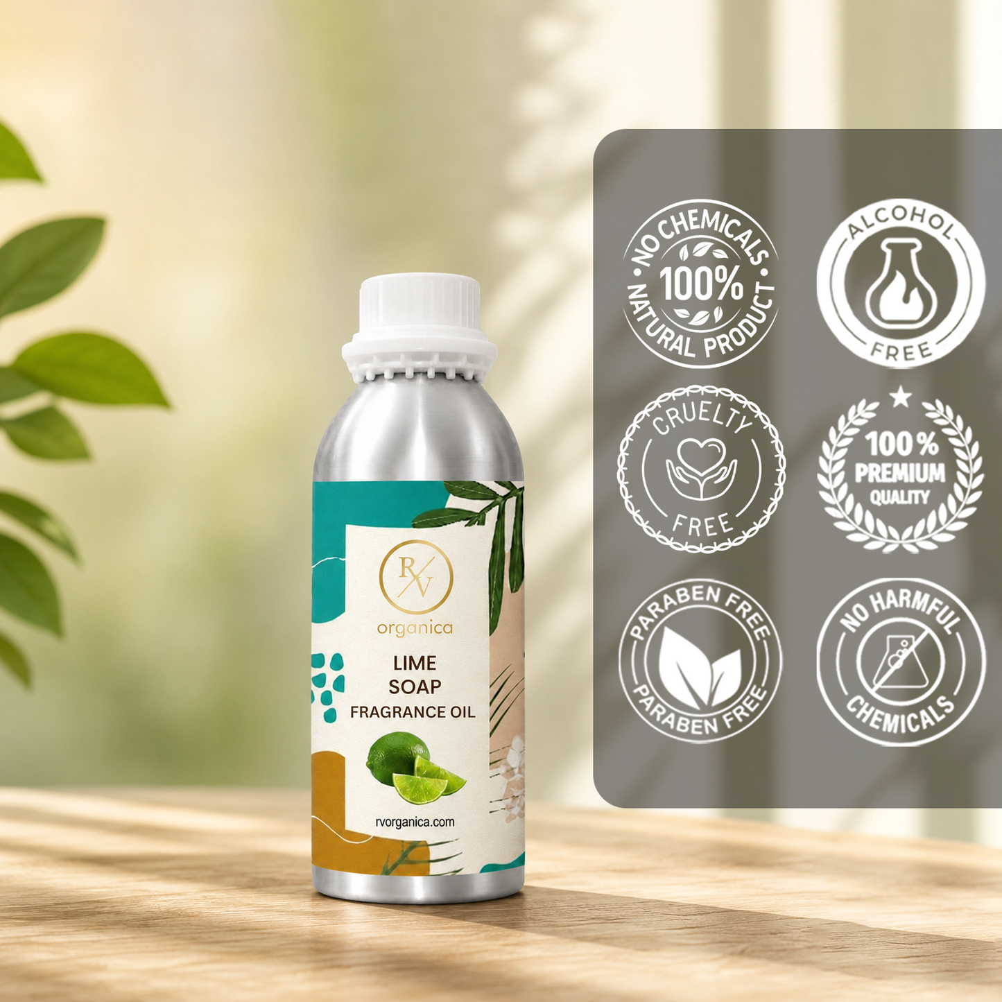 Lime Soap Fragrance Oil in a premium aluminium bottle with quality icons highlighting long-lasting fragrance, premium quality, IFRA compliant, cruelty-free, Made in India, and multipurpose use.