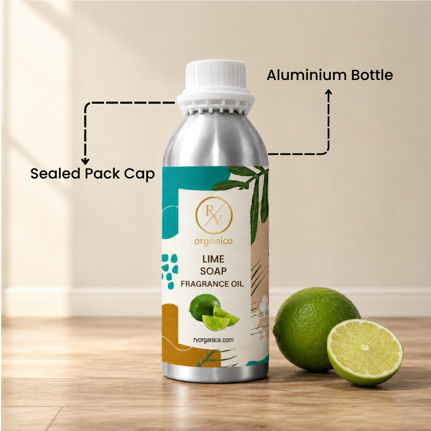 Sealed aluminium bottle of Lime Soap Fragrance Oil with secure packaging, helping maintain freshness and premium fragrance quality.