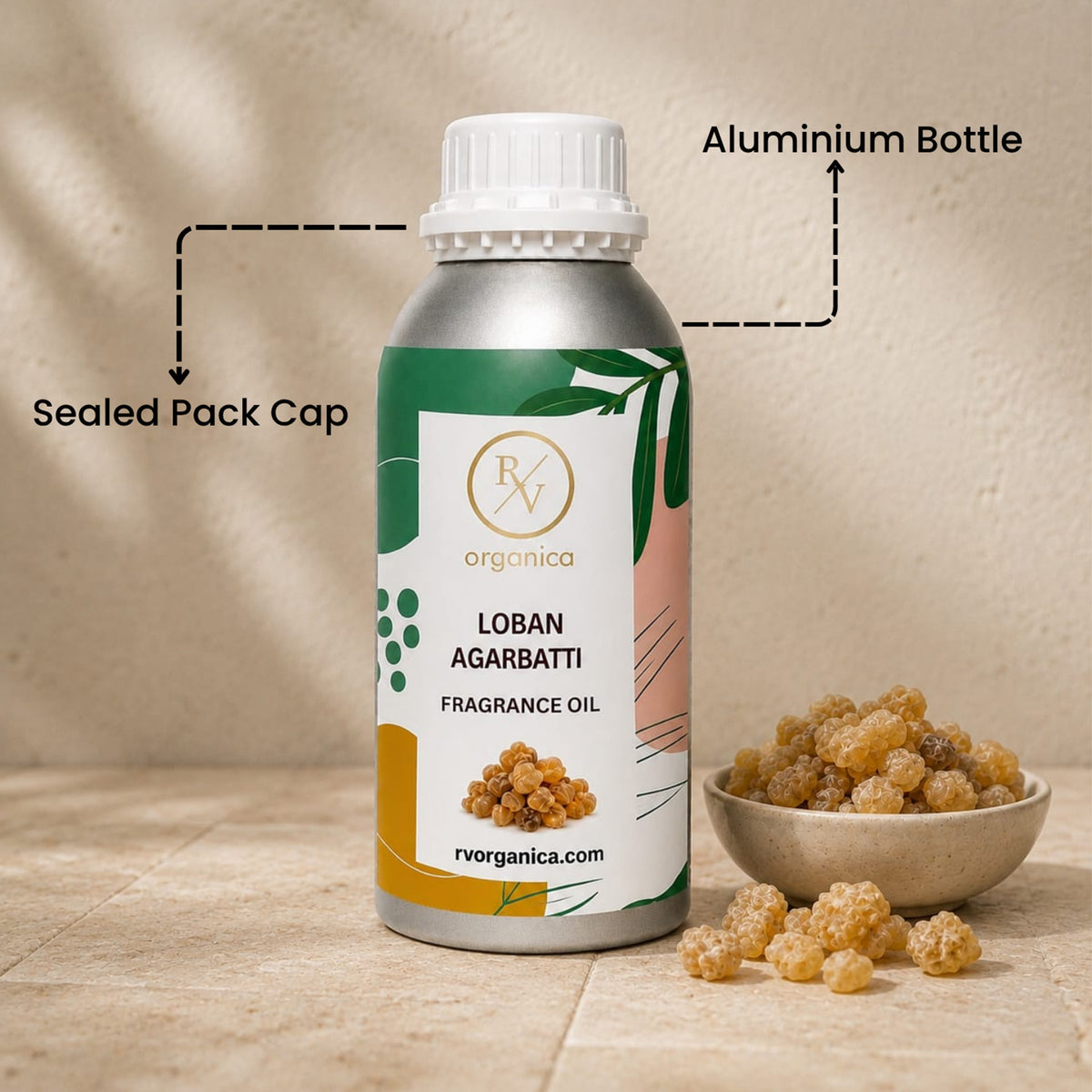 Sealed aluminium bottle of Loban Agarbatti Fragrance Oil, ensuring purity, freshness, leak-proof packaging, and premium fragrance quality for bulk and personal use.