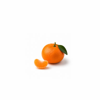 Fresh mandarin slices and essential oil with sweet citrus aroma for aromatherapy and wellness product display