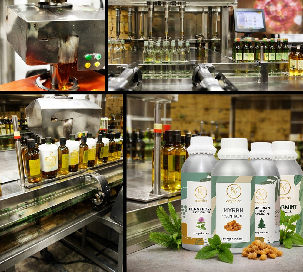 Collage of a manufacturing process with bottles and essential oil products.