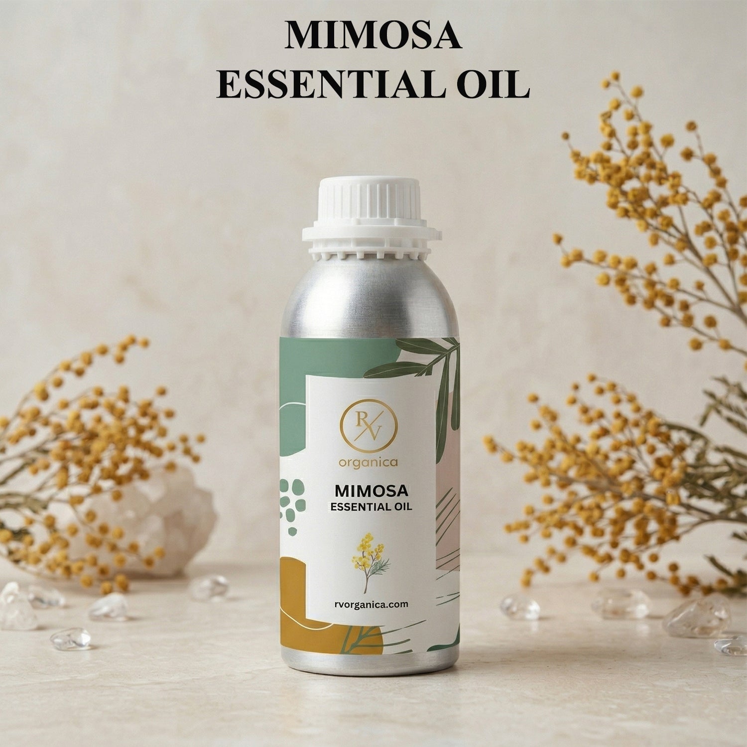 Mimosa Essential Oil bottle with label pure natural aromatic therapeutic essential oil
