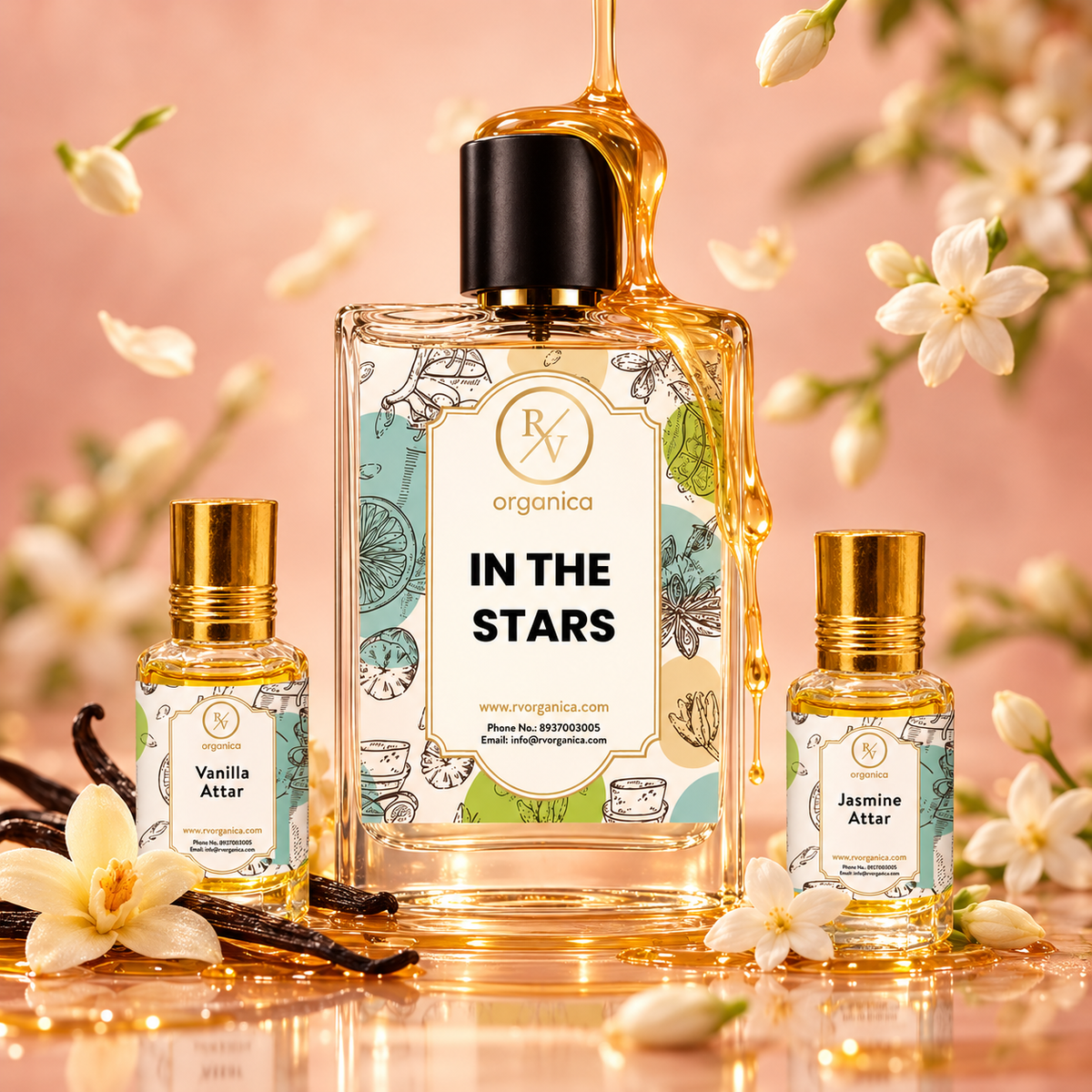 Perfume and attar gift set with vanilla pods and jasmine flowers