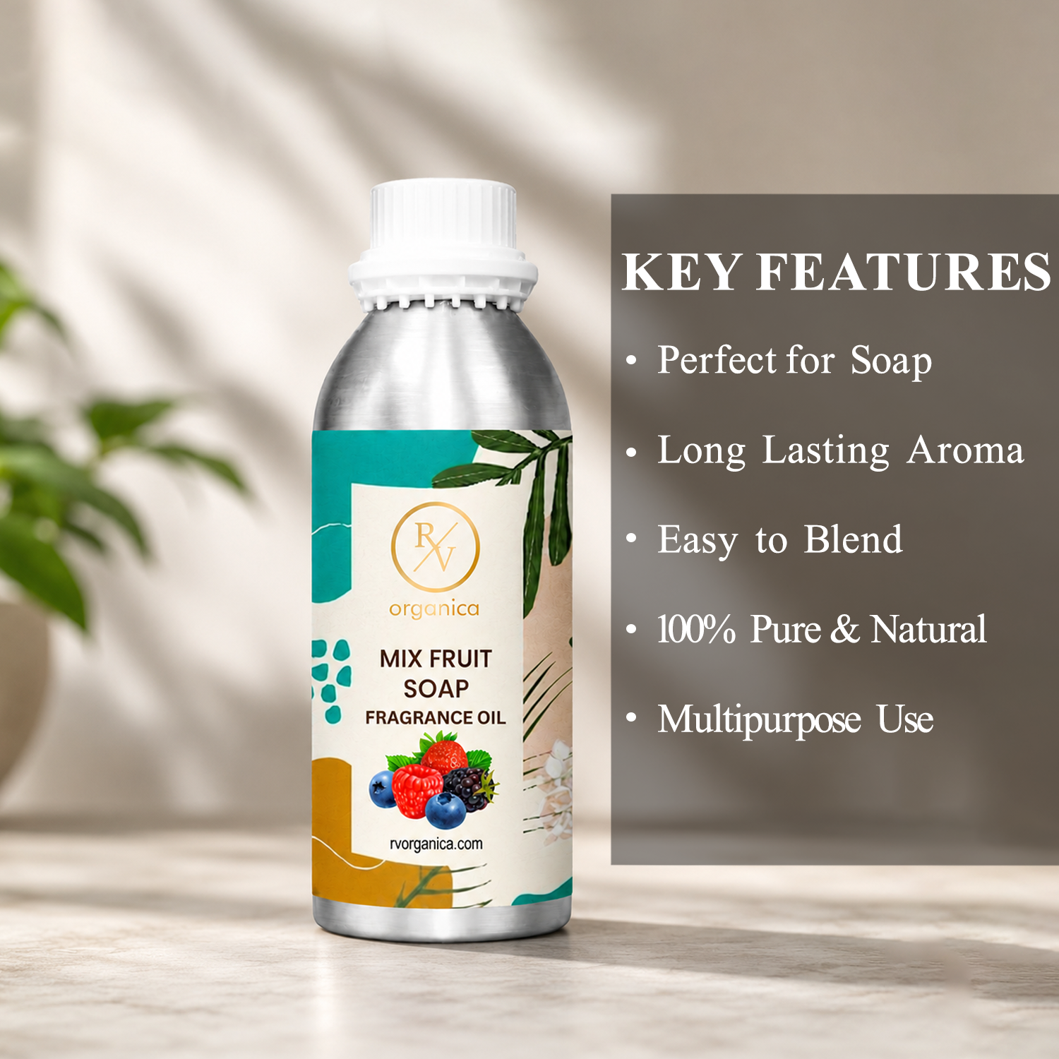 Key features of Mix Fruit Soap Fragrance Oil include sweet fruity aroma, refreshing fragrance, long-lasting scent, ideal for soaps and personal care products, premium quality, IFRA compliant, and multipurpose use.