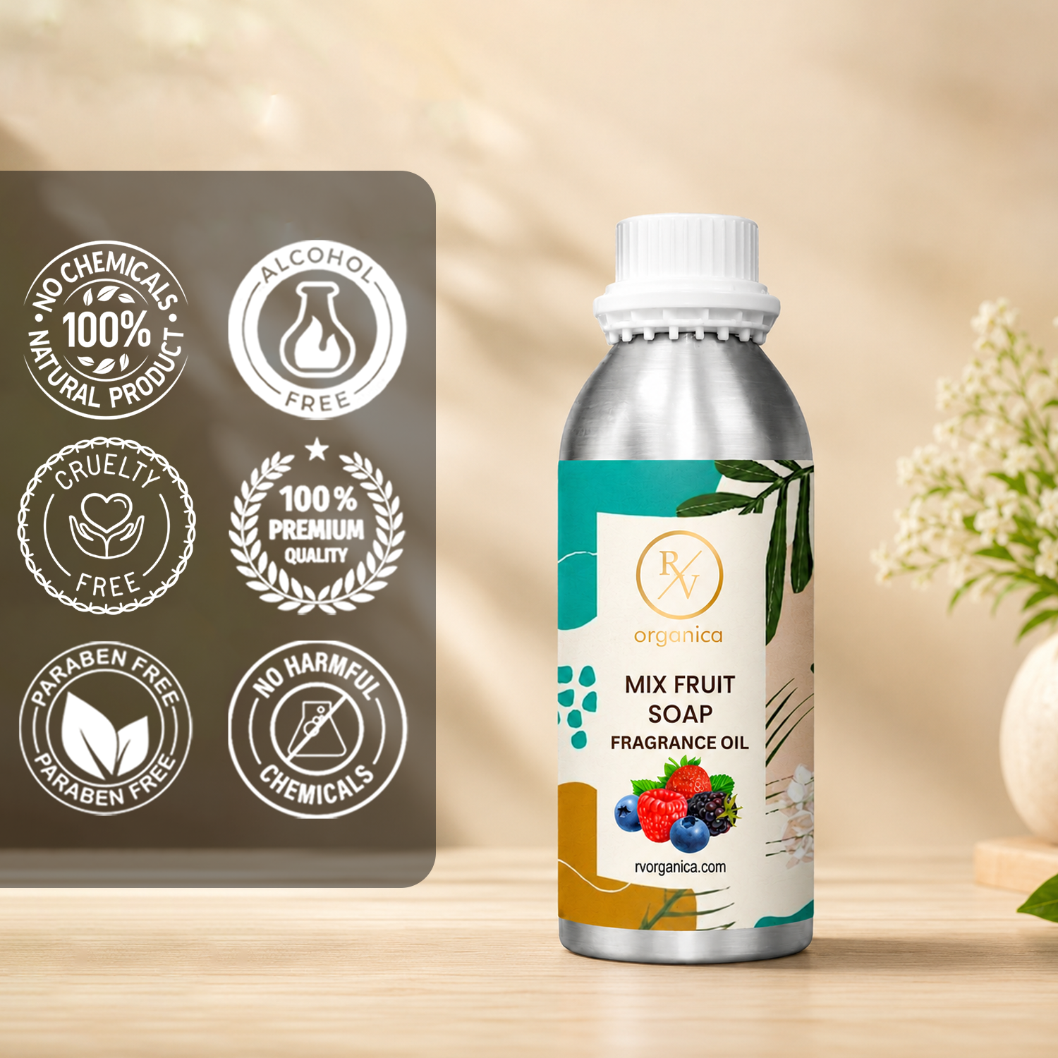 Mix Fruit Soap Fragrance Oil in a premium aluminium bottle with quality icons highlighting long-lasting fragrance, premium quality, IFRA compliant, cruelty-free, Made in India, and multipurpose use.