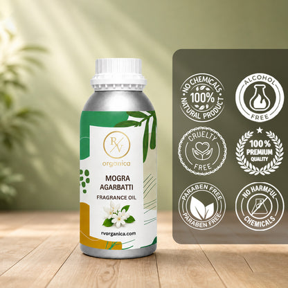 Key features of Mogra Agarbatti Fragrance Oil include a rich jasmine floral incense aroma, long-lasting fragrance, strong scent diffusion, IFRA compliant, premium quality, and multipurpose use for agarbatti, candles, soaps, perfumes, and home fragrance products.