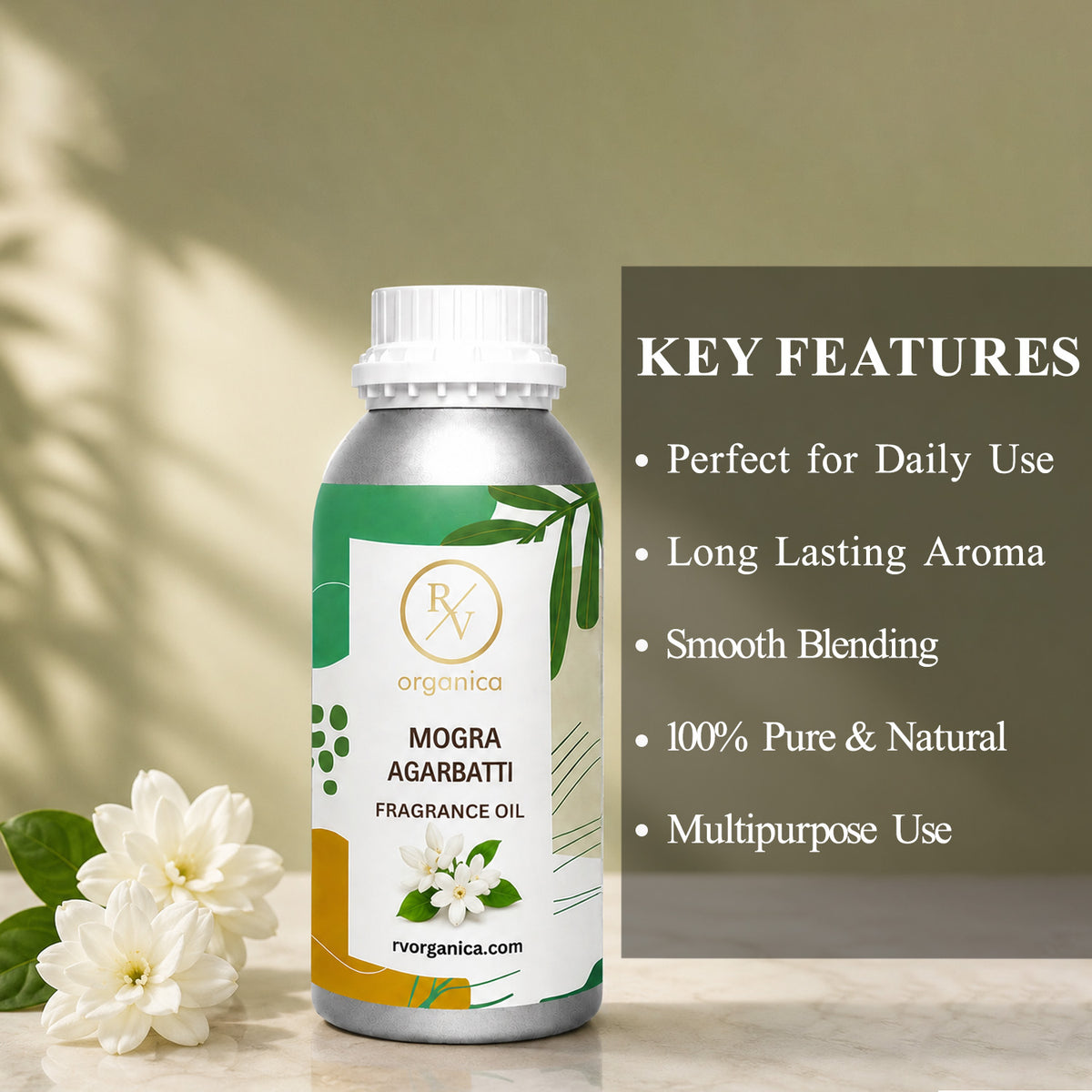 Mogra Agarbatti Fragrance Oil in a premium aluminium bottle with quality certification icons, showcasing its long-lasting jasmine floral incense aroma, IFRA compliant formula, and multipurpose use for agarbatti, candles, soaps, perfumes, and home fragrance products.