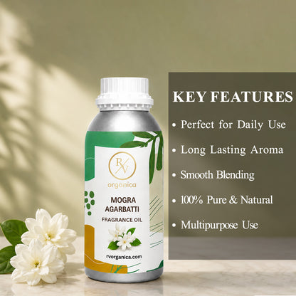 Mogra Agarbatti Fragrance Oil in a premium aluminium bottle with quality certification icons, showcasing its long-lasting jasmine floral incense aroma, IFRA compliant formula, and multipurpose use for agarbatti, candles, soaps, perfumes, and home fragrance products.