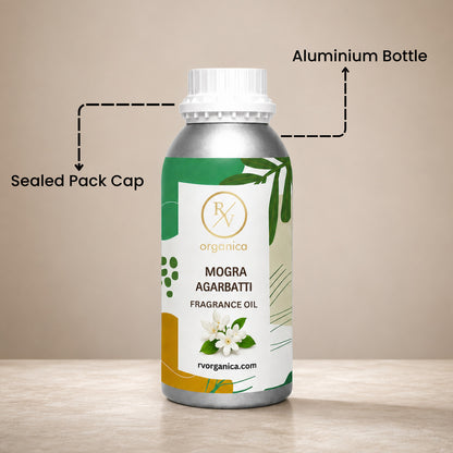 Sealed aluminium bottle of Mogra Agarbatti Fragrance Oil, ensuring purity, freshness, leak-proof packaging, and premium fragrance quality for bulk and personal use.