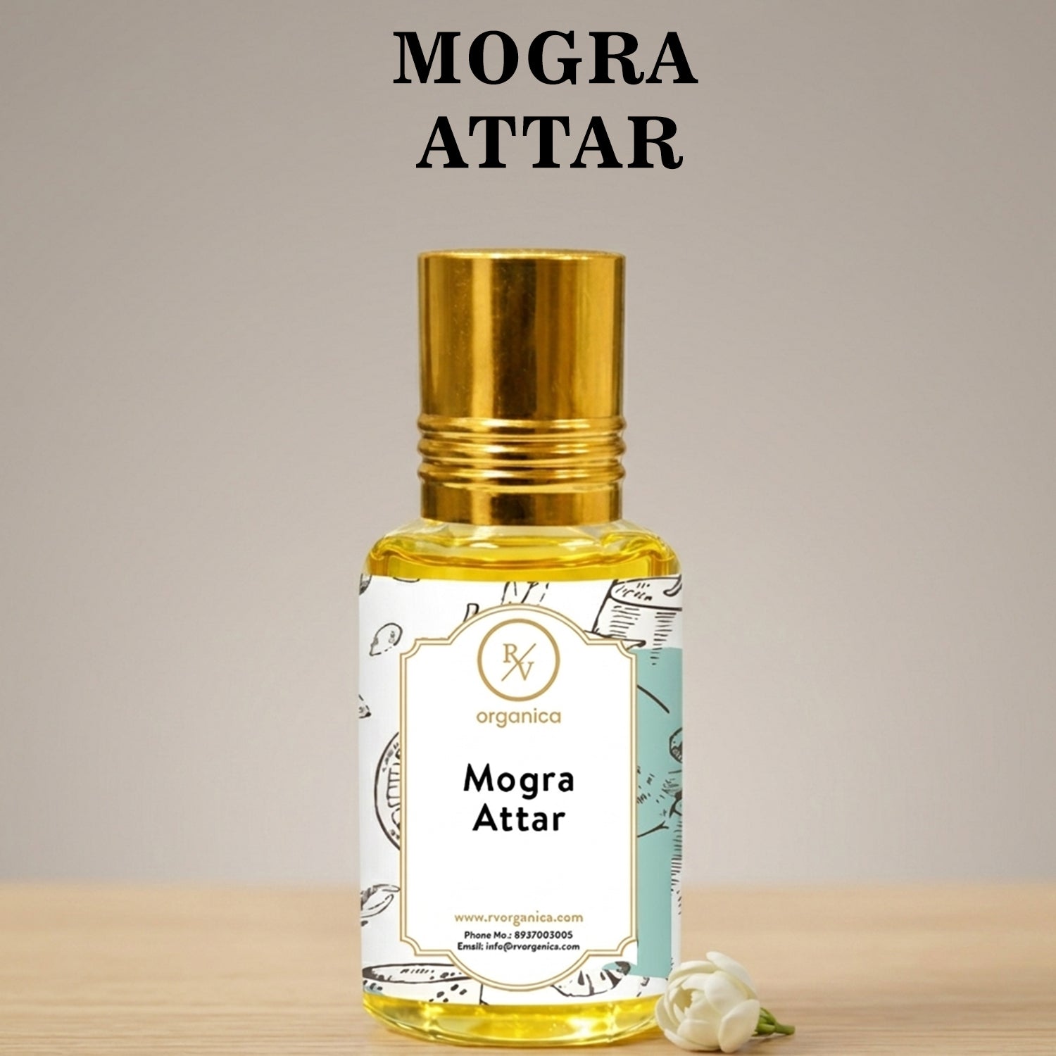 Mogra Attar perfume oil bottle with label sweet floral jasmine aroma long lasting traditional attar fragrance