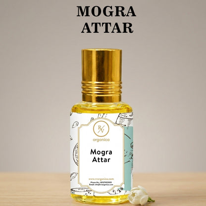 Mogra Attar perfume oil bottle with label sweet floral jasmine aroma long lasting traditional attar fragrance